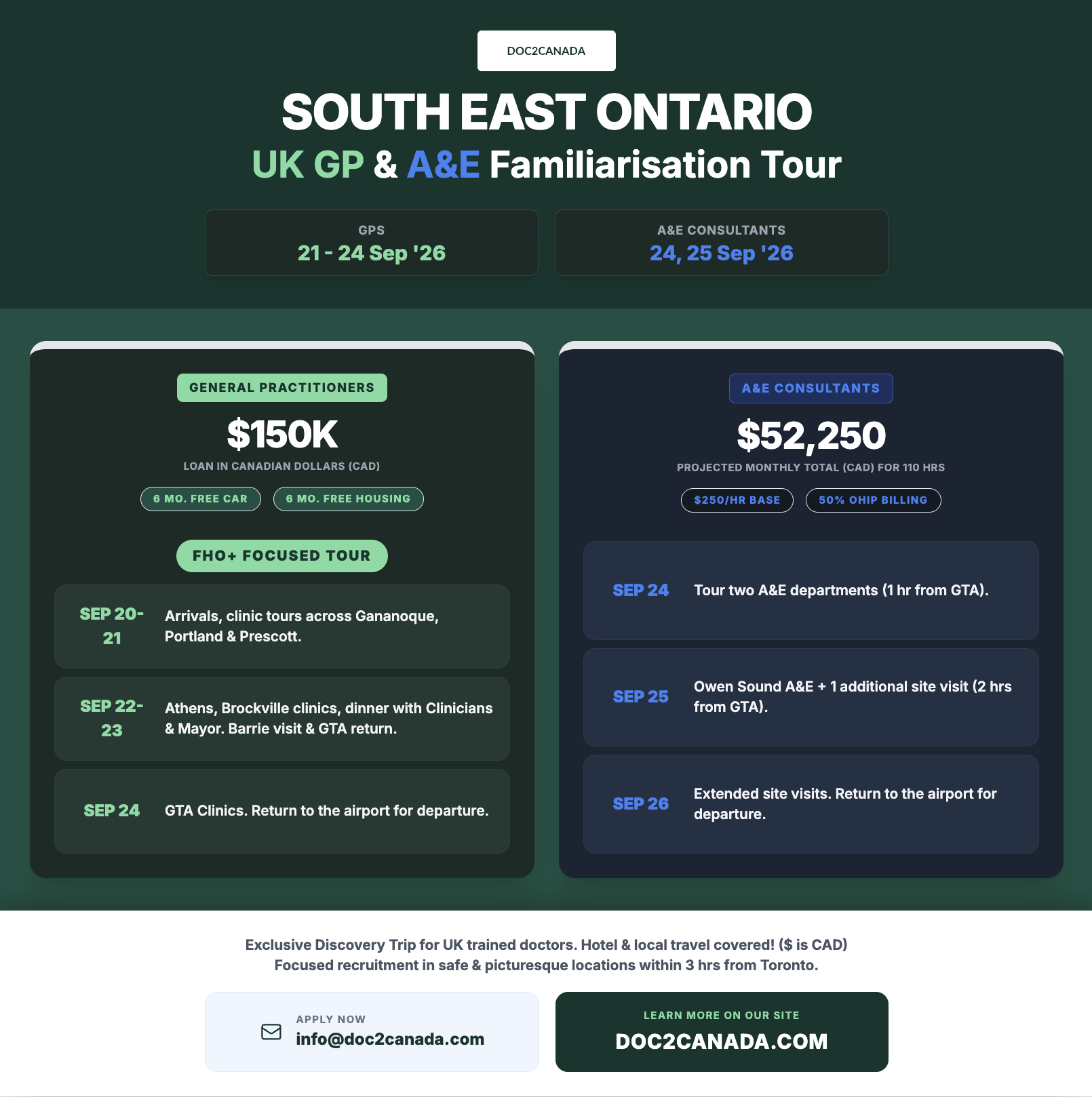 Doc2Canada — South East Ontario UK GP & A&E Familiarisation Tour, September 2026
